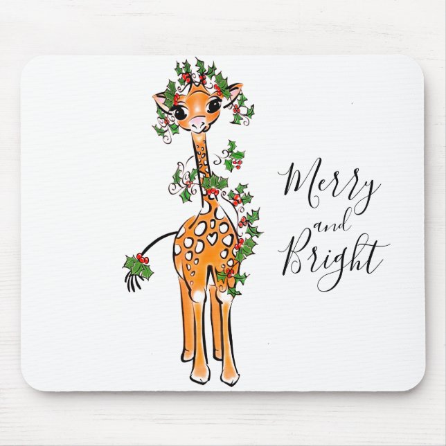Cute Christmas giraffe drawing red green garland Mouse Pad (Front)