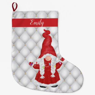 Cute Christmas Girl Gnome Personalised Large Christmas Stocking