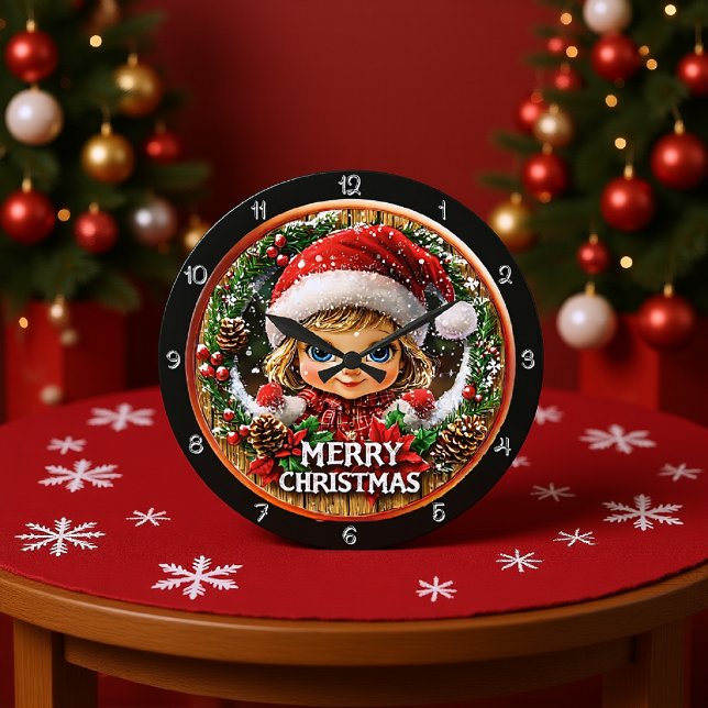 Cute Christmas Girl in Wreath Large Clock (Creator Uploaded)