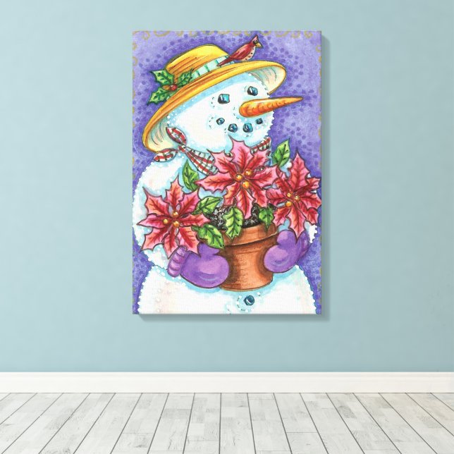 Cute Christmas Girl Snowman with Poinsettia Canvas Print (Insitu(Wood Floor))