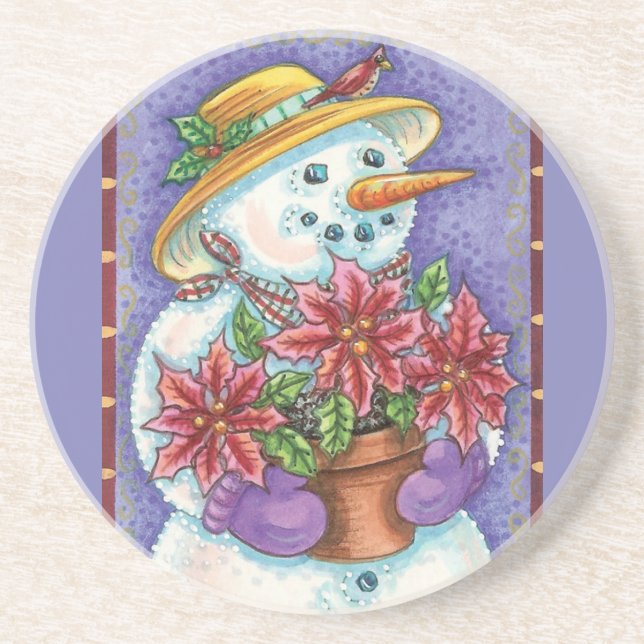 Cute Christmas Girl Snowman with Poinsettia Coaster (Front)