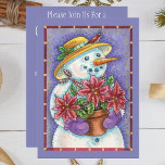 Cute Christmas Girl Snowman with Poinsettia Invitation<br><div class="desc">Vintage illustration Merry Christmas holiday design featuring an adorable happy snowwoman in winter. The snowman is smiling and holding a poinsettia flower plant and wearing a hat with holly and a bird sitting on the brim. Fun design for a florist!</div>