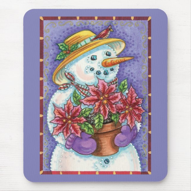 Cute Christmas Girl Snowman with Poinsettia Mouse Pad (Front)
