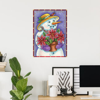 Cute Christmas Girl Snowman with Poinsettia Poster