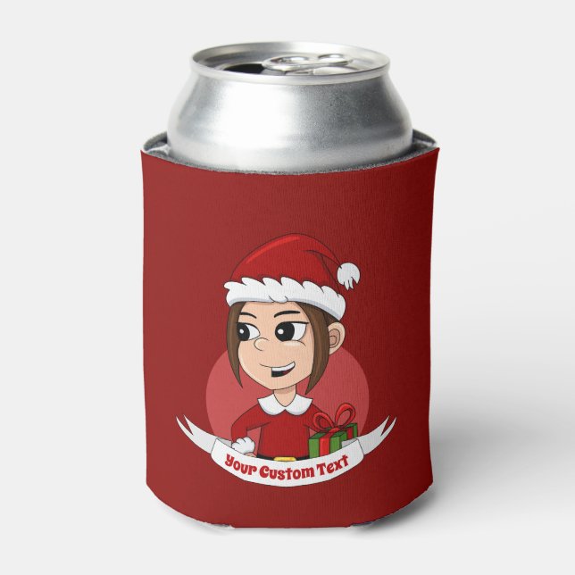Cute Christmas girl with brown hair Can Cooler (Can Front)