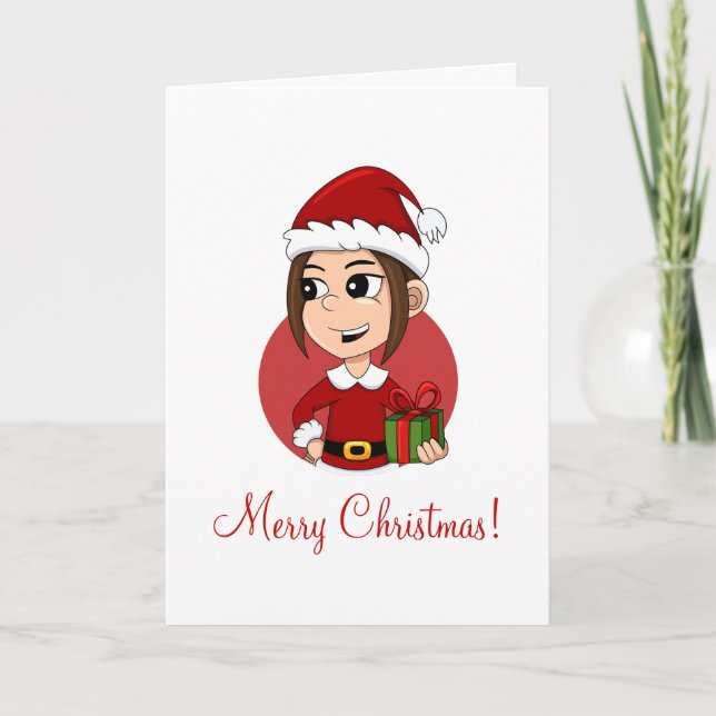 Cute Christmas girl with brown hair Holiday Card (Front)