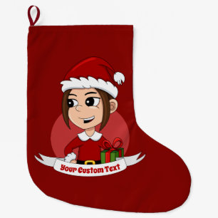 Cute Christmas girl with brown hair Large Christmas Stocking