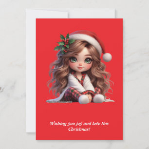 Cute Christmas Girl with Santa Hat Art Holiday Card