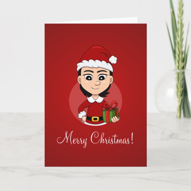 Cute Christmas girl with short black hair Holiday Card (Front)