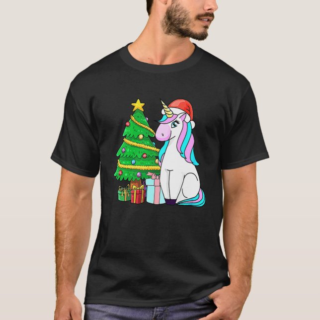Cute Christmas Girls Women Xmas Unicorn Santa Chri T-Shirt (Front)