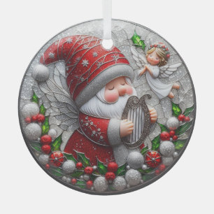 Cute Christmas Gnome and an Angel in Stain Glass Tree Decoration