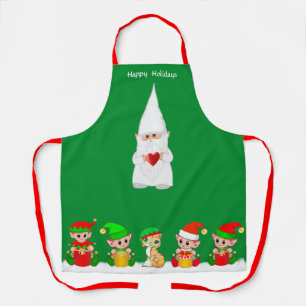 Cute Christmas Gnome and Elf Squad on Green Apron