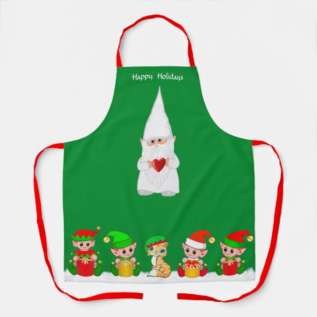 Cute Christmas Gnome and Elf Squad  on Green Apron (Front)