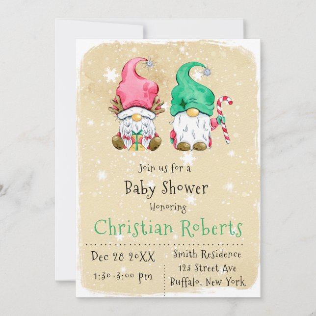 Cute Christmas Gnome Baby Shower Invitations (Front)