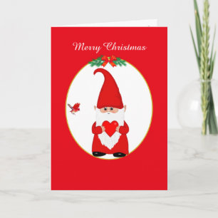 Cute Christmas Gnome & Bird on Red & White Holiday Card