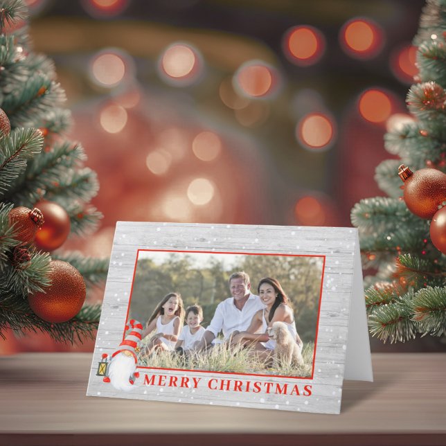 Cute Christmas Gnome Custom Photo Rustic Holiday Card (Cute Christmas Gnome Custom Photo Rustic Holiday Card)