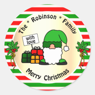 Cute Christmas Gnome Green and Red Striped Humour Classic Round Sticker