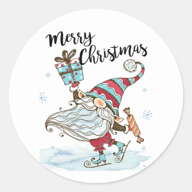 Cute Christmas Gnome Ice Skating Classic Round Sticker (Front)