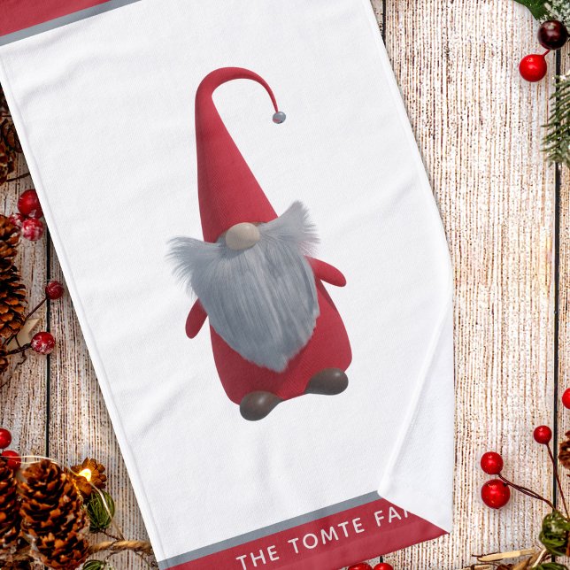 Cute Christmas Gnome Name Red and White  Hand Towel (A cute Christmas gnome with a hat on his head. Just add your name to the stripe that is red)