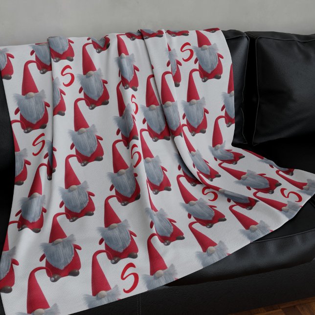 Cute Christmas Gnome Pattern Monogrammed Fleece Blanket (A cute Christmas gnome pattern with space for your initial. Perfect for festive snuggles)