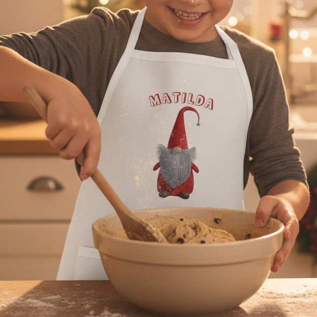 Cute Christmas Gnome Personalised Kids Apron (Get your little chef ready for holiday cookies with this adorable personalized gnome apron.)