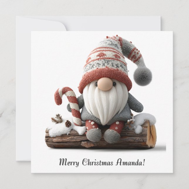 Cute Christmas Gnome with a Candy Cane on a Log Card (Front)
