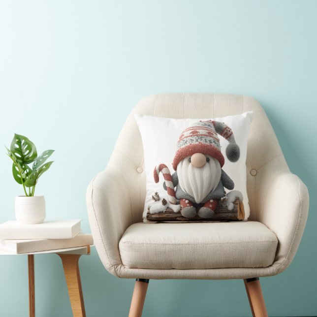 Cute Christmas Gnome with a Candy Cane on a Log Cushion (Chair)