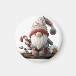 Cute Christmas Gnome with a Candy Cane on a Log Magnet