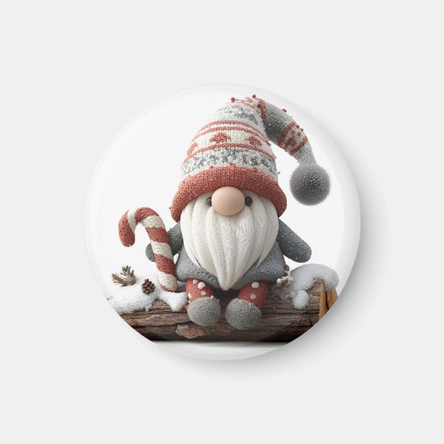 Cute Christmas Gnome with a Candy Cane on a Log Magnet (Front)