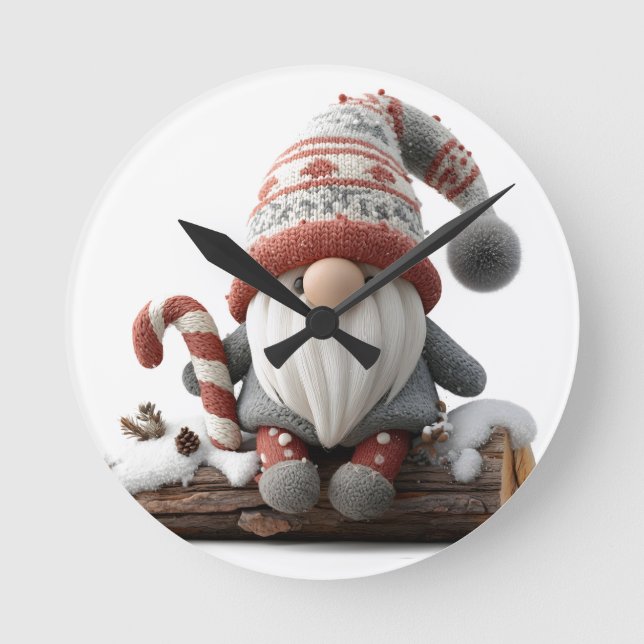 Cute Christmas Gnome with a Candy Cane on a Log Round Clock (Front)