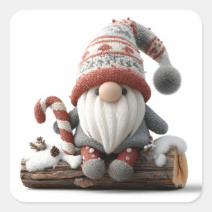 Cute Christmas Gnome with a Candy Cane on a Log Square Sticker