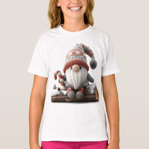 Cute Christmas Gnome with a Candy Cane on a Log T-Shirt