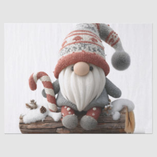 Cute Christmas Gnome with a Candy Cane on a Log Tissue Paper