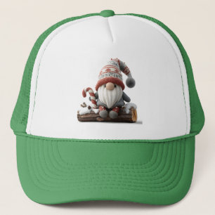 Cute Christmas Gnome with a Candy Cane on a Log Trucker Hat