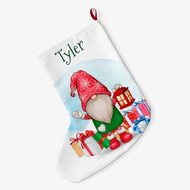 Cute Christmas Gnome with Name Large Christmas Stocking (Back (Hanging))