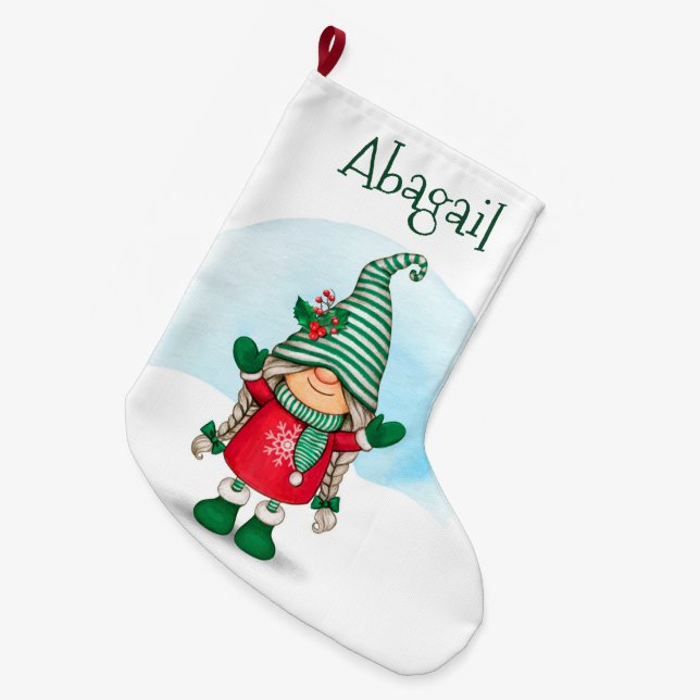 Cute Christmas Gnome with Name Large Christmas Stocking (Front (Hanging))