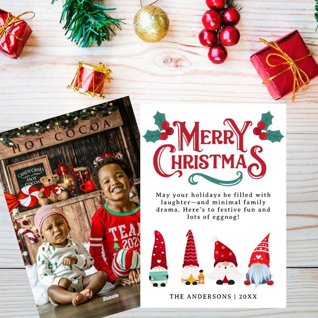 Cute Christmas Gnomes Custom Greetings and Photo Holiday Card (Creator Uploaded)