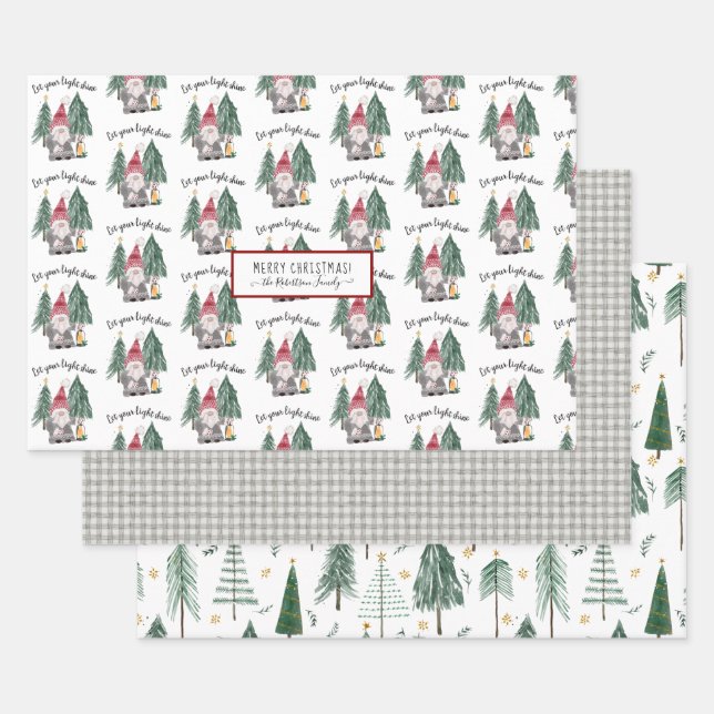 Cute Christmas Gnomes Light Shine Forest Tree Star Wrapping Paper Sheet (Set)