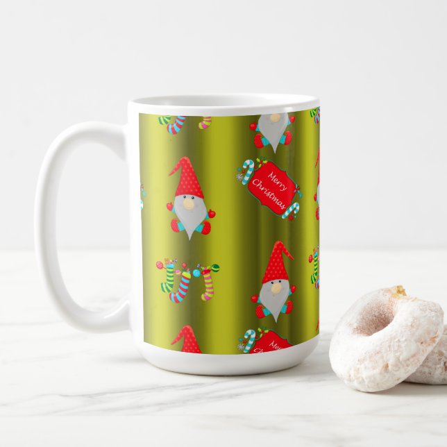 Cute Christmas Gnomes on Green Coffee Mug (With Donut)
