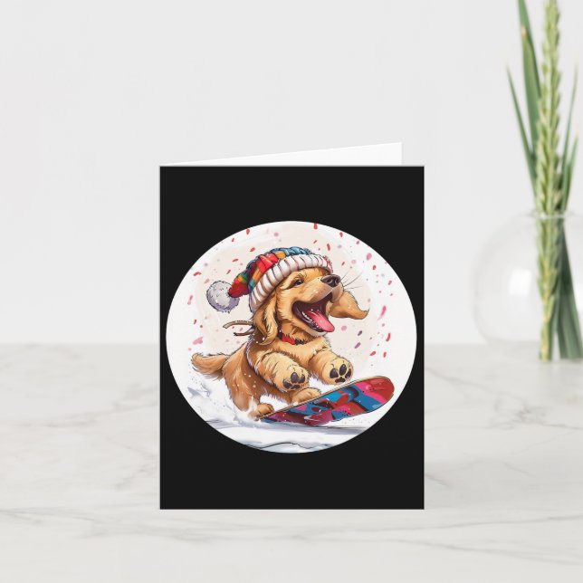 Cute Christmas Golden Retriever Dog Snowboarding S Card (Front)