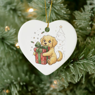 Cute Christmas Golden Retriever Puppy Hugging Gift Ceramic Tree Decoration