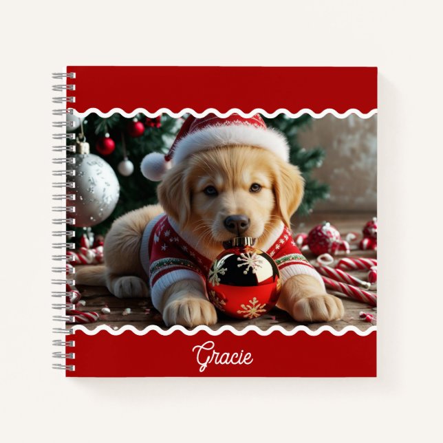 Cute Christmas Golden Retriever Puppy Personalised Notebook (Front)