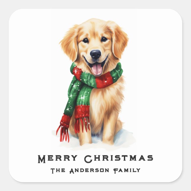 Cute Christmas Golden Retriever Watercolor Custom Square Sticker (Front)