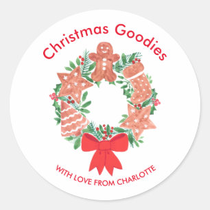 Cute Christmas Goodies Wreath Name Classic Round Sticker