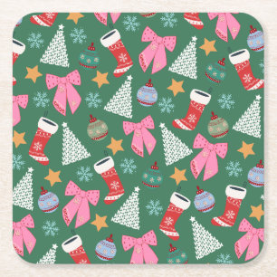 Cute Christmas Green Square Paper Coaster