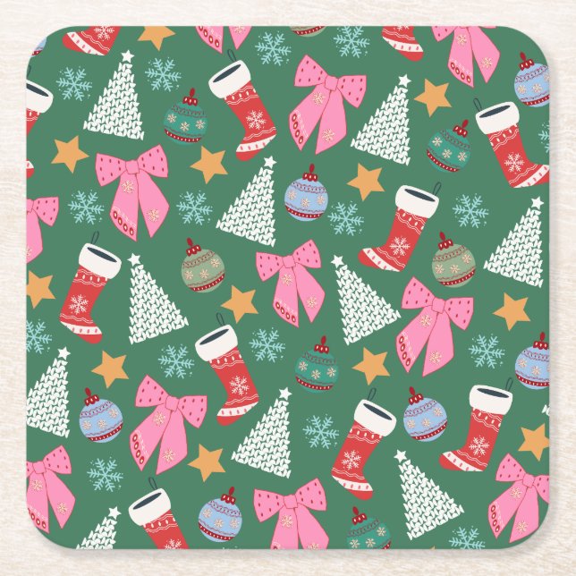 Cute Christmas Green Square Paper Coaster (Front)