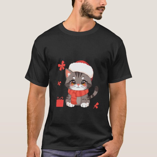 Cute Christmas Grey Cat Santa Hat Holiday Art ✨🐾 T-Shirt (Front)
