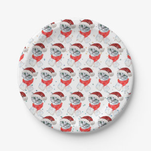 Cute Christmas Grey Tabby Cat Watercolor Paper Plate