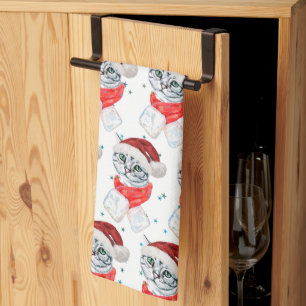 Cute Christmas Grey Tabby Cat Watercolor Tea Towel