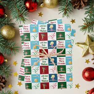 Cute Christmas Gymnastics Girls Personalized Wrapping Paper Sheet